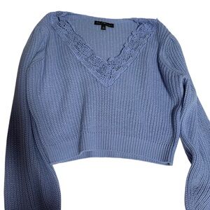 Sky Blue V-Neck Lace Trim Cropped Sweater